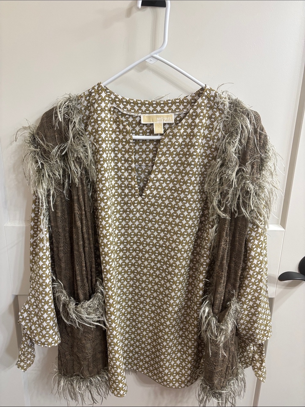 Michael Kors Brown & Cream Feather-Trim Blouse